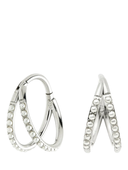 Tish Lyon Double Band Pearl Hoop Earrings - view 2, Platinum