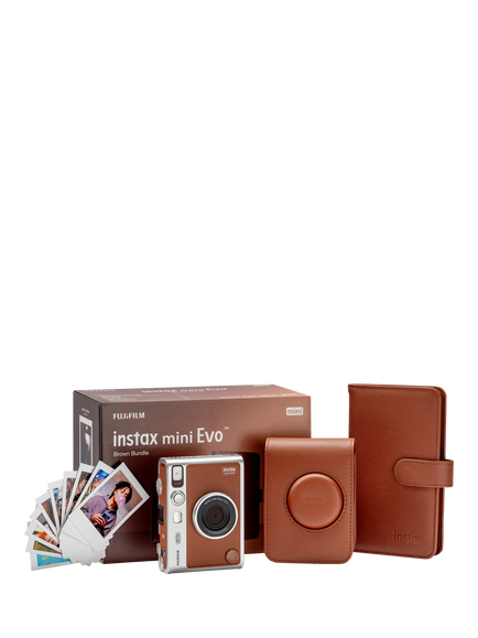 Fujifilm instax™ Mini Evo Instant Camera with Built-In Flash, Brown, Bundle with Case, Photo Album & instax™ Mini Film, 10 Shots, Brown