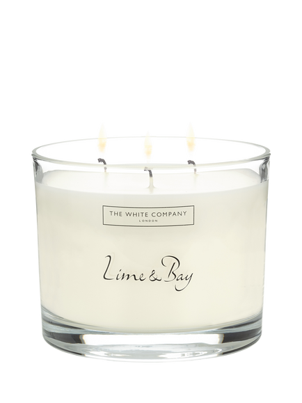 The White Company Lime and Bay Large Three Wick Candle, White