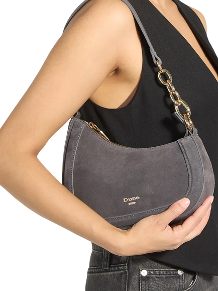 Dune London Direction Asymmetric Chain Detail Suede Shoulder Bag, Dark Grey - view 2, Dark Grey-suede