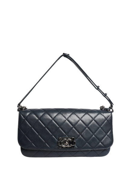 Pre-loved CHANEL 2012 Lambskin Quilted East West Boy Bag, Navy, Navy