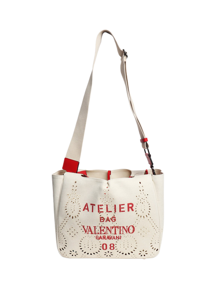 Pre-loved Valentino Atelier Canvas Broderie Bag, Neutral/Red, Neutral/Red