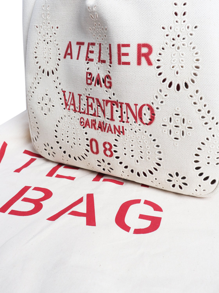Pre-loved Valentino Atelier Canvas Broderie Bag, Neutral/Red - view 2, Neutral/Red