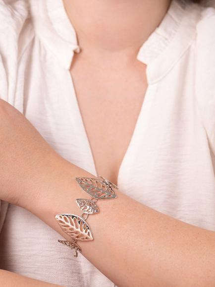 Andea Sterling Silver Sculptured Leaf Bracelet - view 2, Silver