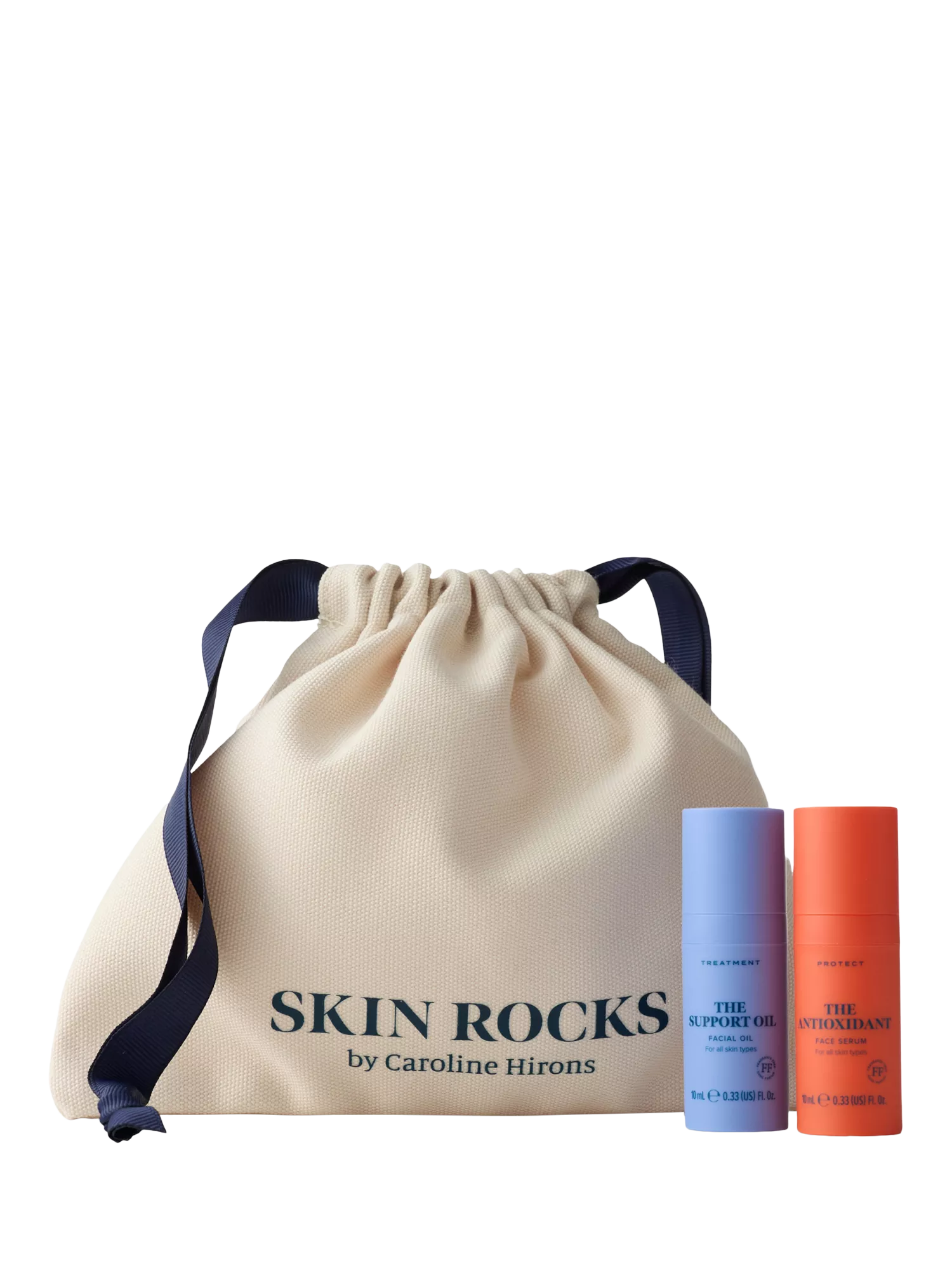 Skin Rocks drawstring pouch with The Support Oil and The Antioxidant travel-size skincare duo set