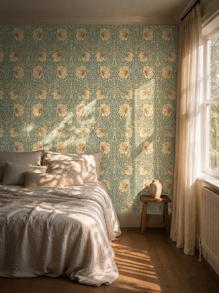 Morris & Co. Pimpernel Wallpaper - view 2, Bayleaf/Chalk