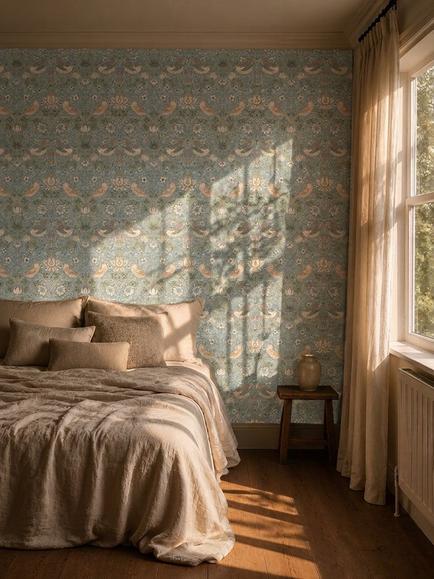 Morris & Co. Strawberry Thief Wallpaper - view 2, Slate/Vellum