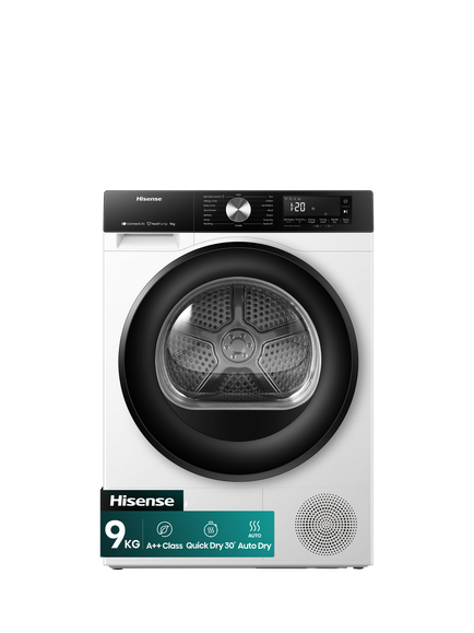 Hisense 3S Series DH3S902BWCC Freestanding Heat Pump Tumble Dryer, 9kg Load, White, White