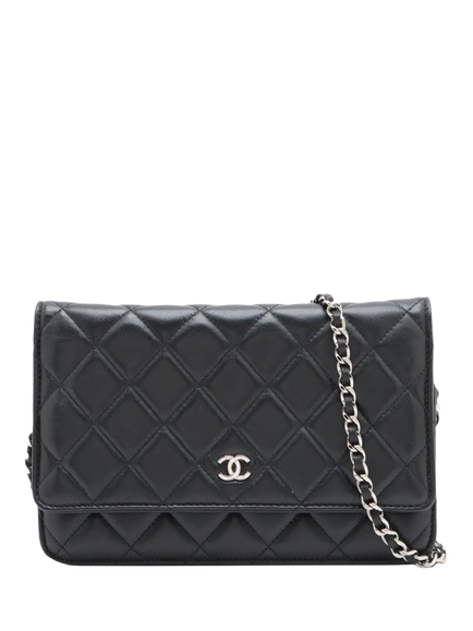 Pre-loved CHANEL 2020 Lambskin Diamond Quilted Wallet on Chain Bag, Black, Black