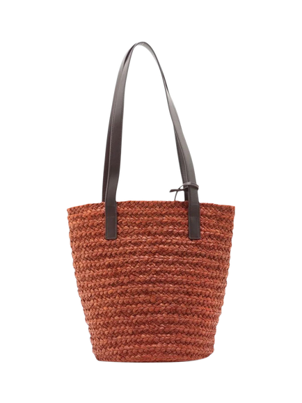 Pre-loved SAINT LAURENT Paris Panier Raffia and Leather Tote Bag, Brown - view 2, Brown