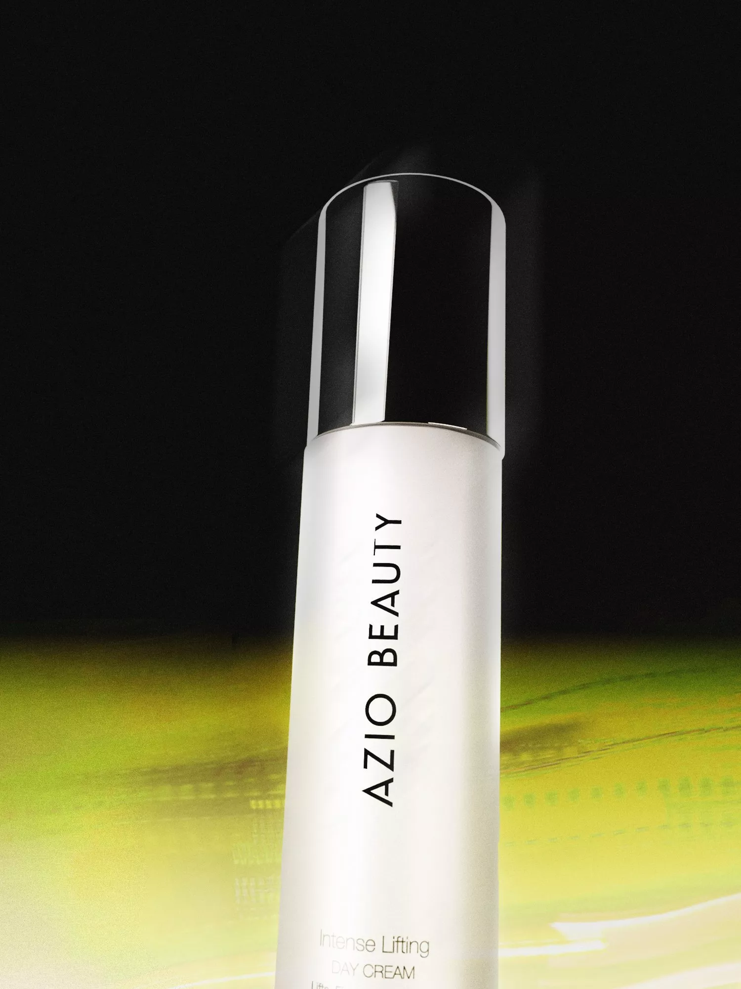 Close-up of MBR Beauty Intense Lifting day cream bottle with chrome cap on a dark background