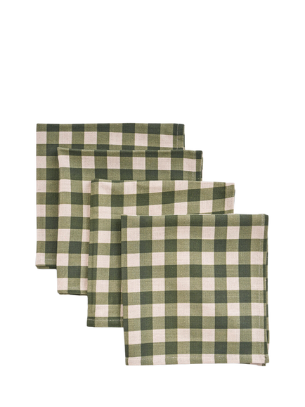 Neptune Cora Gingham Check Cotton Rich Napkins, Set of 4, Natural/Green, Natural/Green