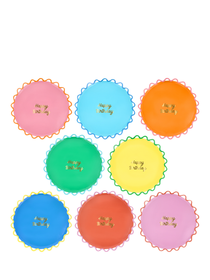 Meri Meri Happy Birthday Wiggle Edge Paper Side Plates, Pack of 8, Multi