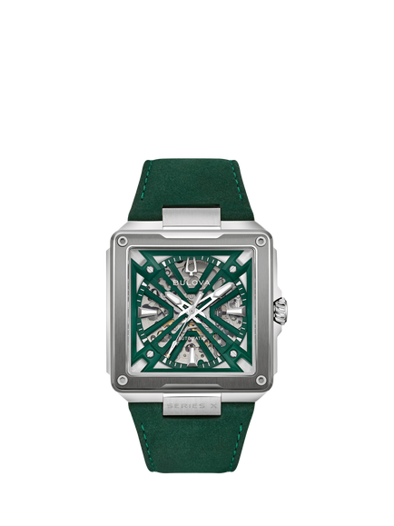 Bulova 98A343 Men's Series X2 41mm Square Suede Strap Watch, Silver/Green, Silver/Green