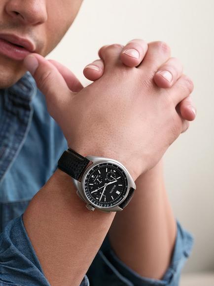 Bulova 96B251 Men's Lunar Pilot Chronograph Round Leather Strap Watch, Silver/Black - view 2, Silver/Black