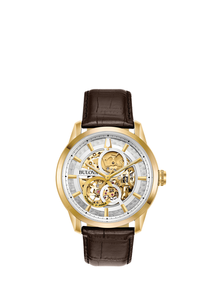 Bulova 97A138 Men's Classic Sutton Round Leather Strap Watch, Gold/Brown, Gold/Brown