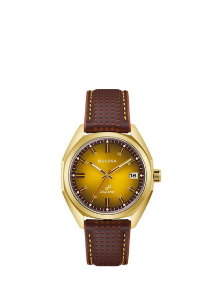 Bulova 97B214 Men's 1973 Jet Star F 40mm Round Leather Strap Watch, Gold/Brown, Gold/Brown