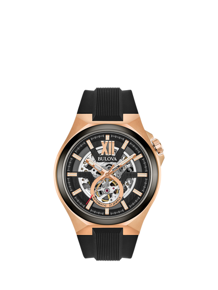Bulova 98A177 Men's Classic Automatic Round Silicone Strap Watch, Rose Gold, Rose Gold Tone