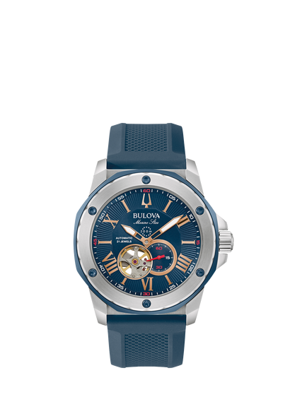 Bulova 98A282 Men's Marine Star Round Silicone Strap Watch, Silver/Blue, Silver/Blue