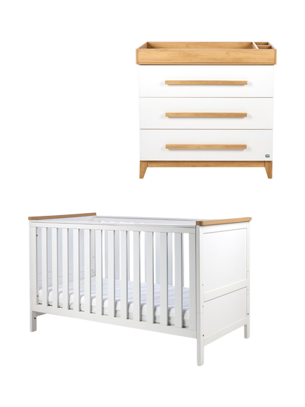 Tutti Bambini Misha Cotbed, Pocket Sprung Mattress & Hallee Changing Table Dresser, White/Golden Oak, White/Golden Oak
