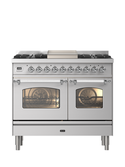 ILVE Milano PD10FNE3 100cm Dual Fuel Range Cooker with Gas Hob, Stainless Steel & Chrome