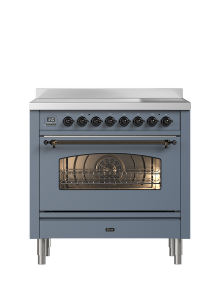 ILVE Milano PI096NE3 90cm Electric Range Cooker with Induction Hob, Blue Grey & Bronze