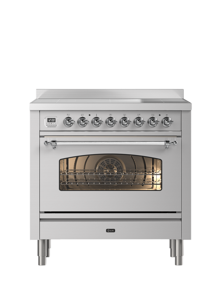ILVE Milano PI096NE3 90cm Electric Range Cooker with Induction Hob, Stainless Steel & Chrome