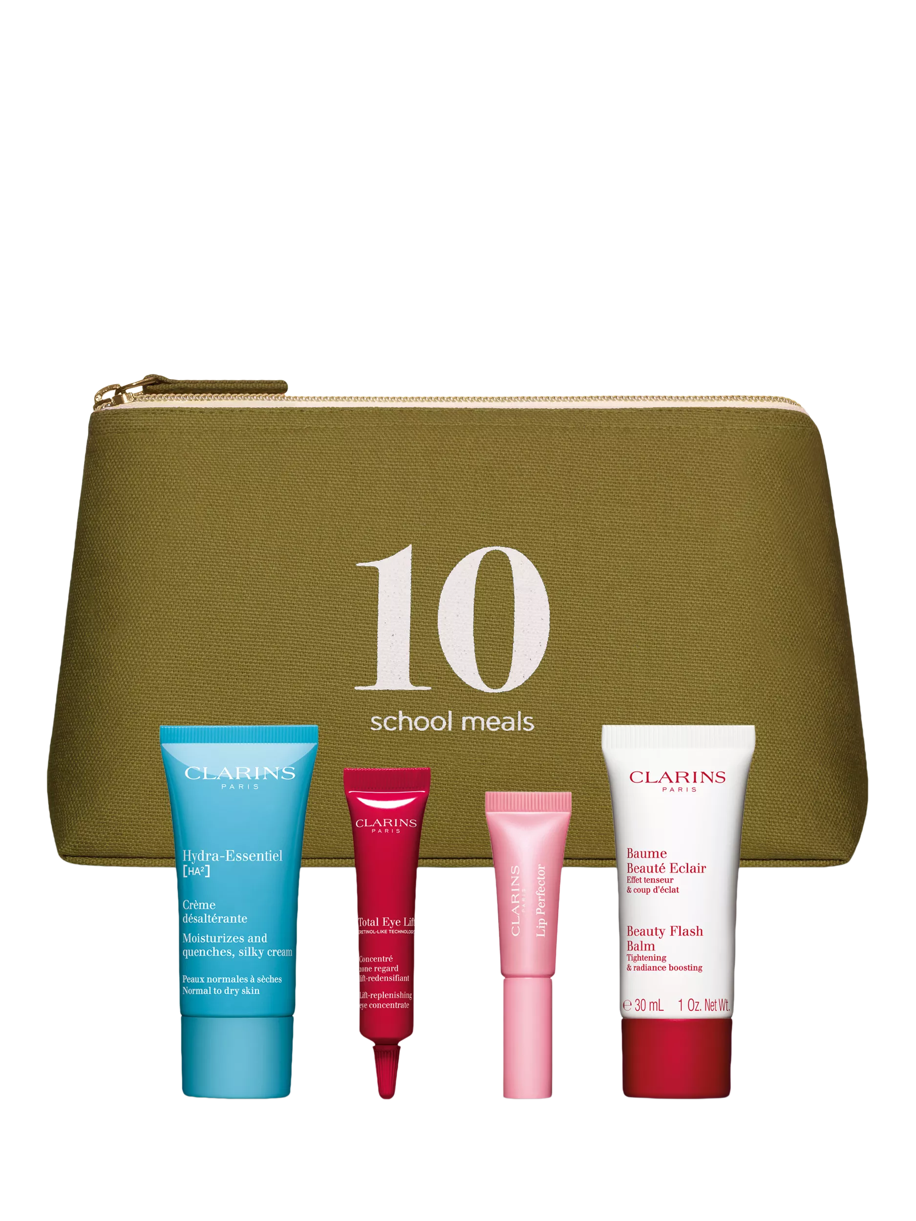 Clarins Paris skincare gift set with 10 school meals pouch, moisturiser, eye lift, lip perfector and balm