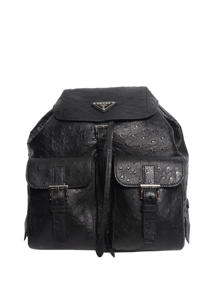 Pre-loved Prada Ostrich Leather Backpack With Silver Hardware, Black, Black