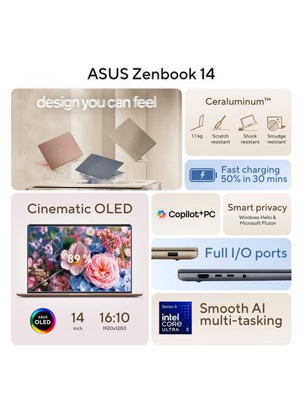 ASUS ZenBook 14 Laptop Copilot+ PC, Intel Core Ultra 5 Processor, 16GB RAM, 512GB SSD, 14” Full HD OLED, Komodo Coral - view 2, Komodo Coral