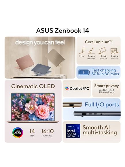 ASUS ZenBook 14 Laptop Copilot+ PC, Intel Core Ultra 7 Processor, 16GB RAM, 512GB SSD, 14” Full HD OLED, Komodo Coral - view 2, Komodo Coral