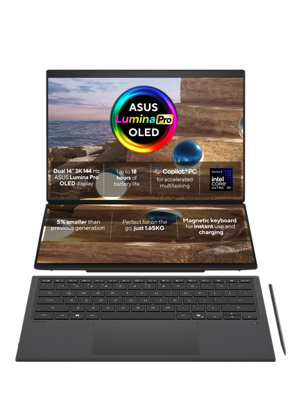 ASUS Zenbook DUO Copilot+ PC Laptop, Intel Core Ultra X9 Processor, 32GB RAM, 1TB SSD, 14" 3K OLED Touch Screen, Moher Grey, Moher Grey