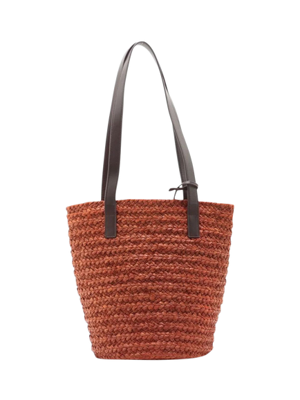 Pre-loved SAINT LAURENT Paris Panier Raffia and Leather Tote Bag, Brown - view 2, Brown