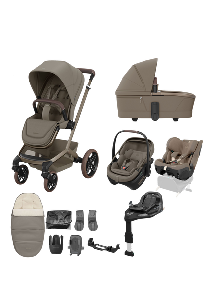 Maxi-Cosi Fame Pushchair, Carrycot, & Accessories with Coral Slide Pro Car Seat, Pearl XL Slide Pro Car Seat & FamilyFix Slide Pro Base Bundle, Truffle, Truffle