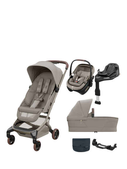 Maxi-Cosi Fame Cabin Pushchair & Carrycot with Coral Slide Pro Car Seat & FamilyFix Slide Pro Base Bundle, Sand, Sand