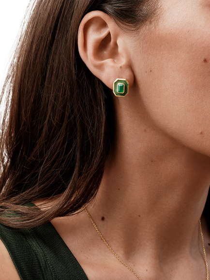 Edge of Ember Aventurine Onyx Deco Stud Earrings, Gold/Green - view 2, Gold/Green