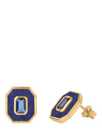 Edge of Ember Lapis and Sapphire Deco Stud Earrings, Gold/Blue, Gold/Blue