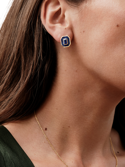 Edge of Ember Lapis and Sapphire Deco Stud Earrings, Gold/Blue - view 2, Gold/Blue