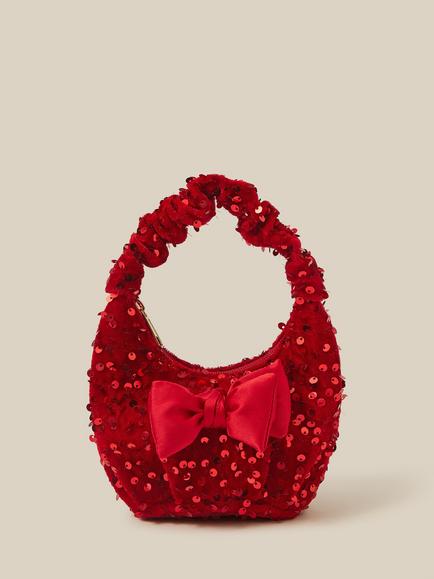 Monsoon Kids' Bow Sequin Velvet Bag, Red, Red