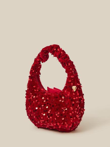 Monsoon Kids' Bow Sequin Velvet Bag, Red - view 2, Red