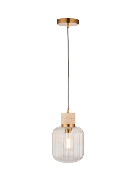 Bay Lighting Trotour Travertine Ribbed Glass Shade Pendant Ceiling Light, Brass, Brass