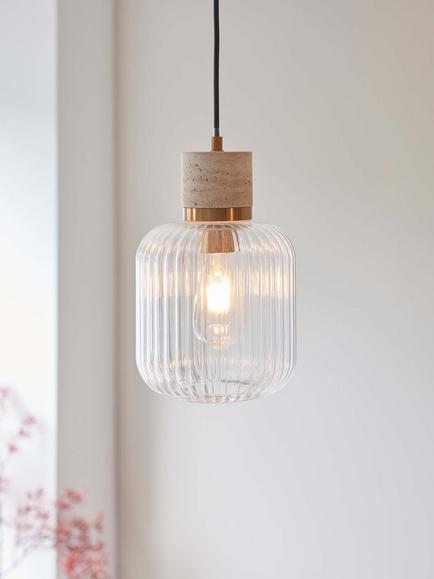 Bay Lighting Trotour Travertine Ribbed Glass Shade Pendant Ceiling Light, Brass - view 2, Brass