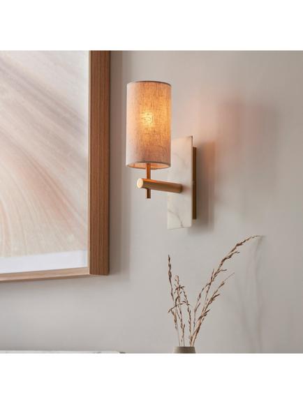 Bay Lighting Costa Marble Effect Drum Shade Wall Light, Brass - view 2, Brass