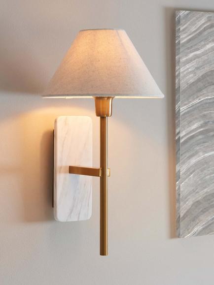Bay Lighting Finch White Marble Effect Taper Shade Wall Light, Brass - view 2, Brass