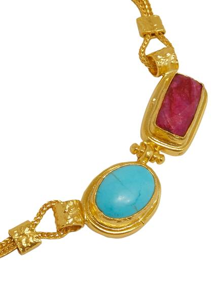 Ottoman Hands Turquoise and Ruby Necklace, Gold - view 2, Gold