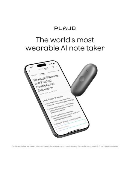 Plaud NotePin S Wearable AI Note Taker, Black - view 2, Black