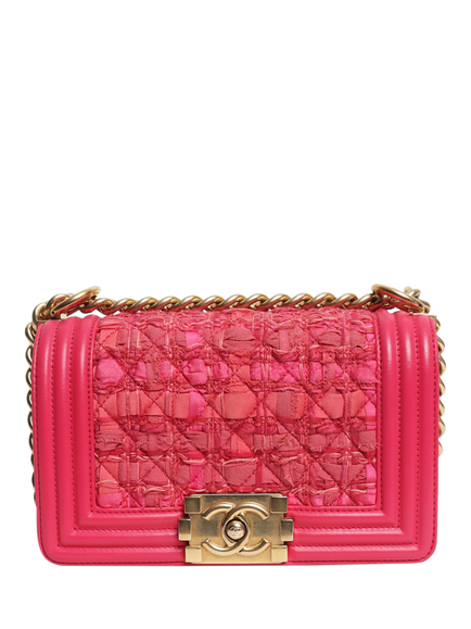 Pre-loved CHANEL 2017 Leather And Tweed Mini Boy Gold Hardware Bag, Pink, Pink