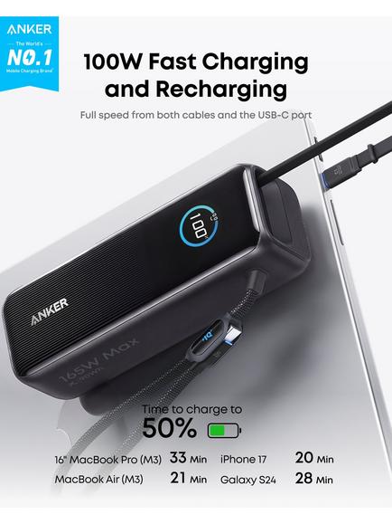 Anker Two Port 25K USB-C Portable Laptop Power Bank & 2 Built-in USB-C Cable, 165W Black - view 2, Black