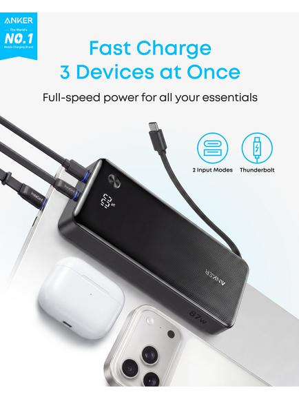 Anker Two Port 87W USB-C Portable Laptop Power Bank & Built-in USB-C Cable, Black - view 2, Black