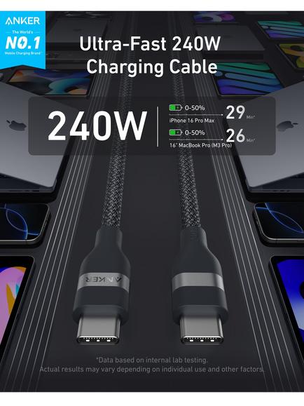Anker 240W USB-C to USB-C Braided Cable, 1.8m, Black - view 2, Black